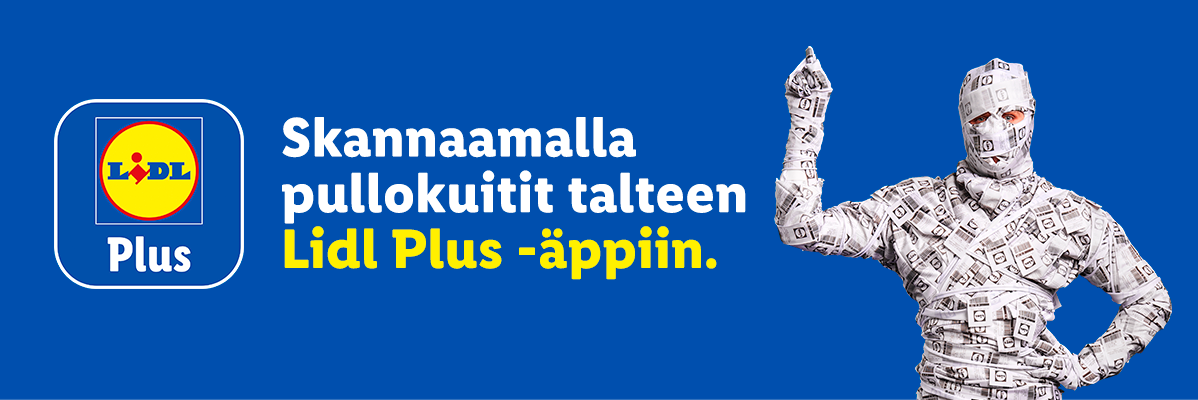 Mies, joka on kääritty kuittimaisiin papereihin, mainostaa kuittien skannaamista sovellukseen.