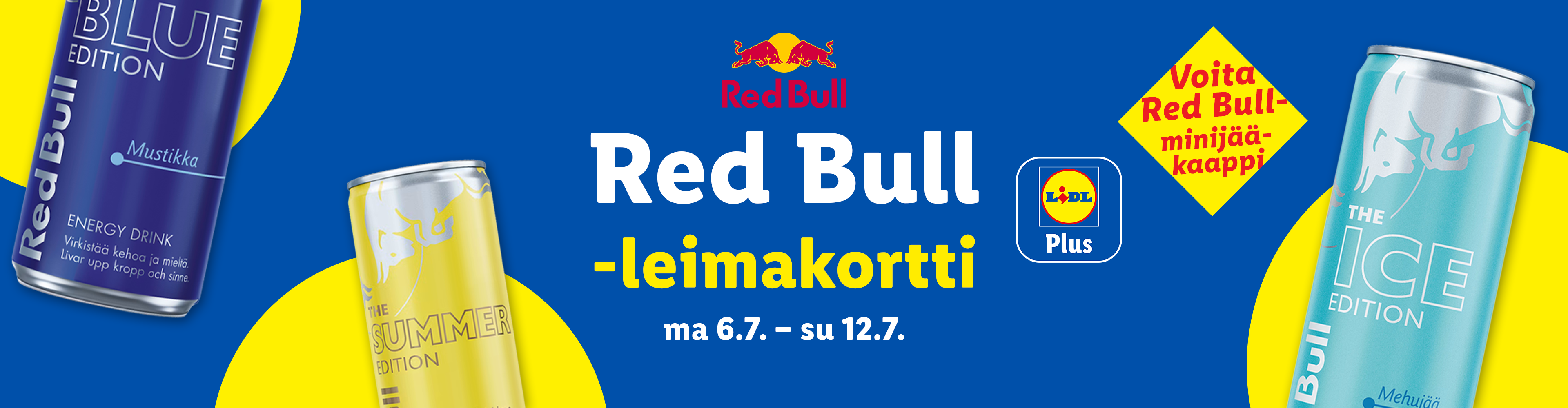 Red Bull -kampanja, jossa voi voittaa minijääkaapin, esillä Blue, Summer ja Ice Edition -juomat.