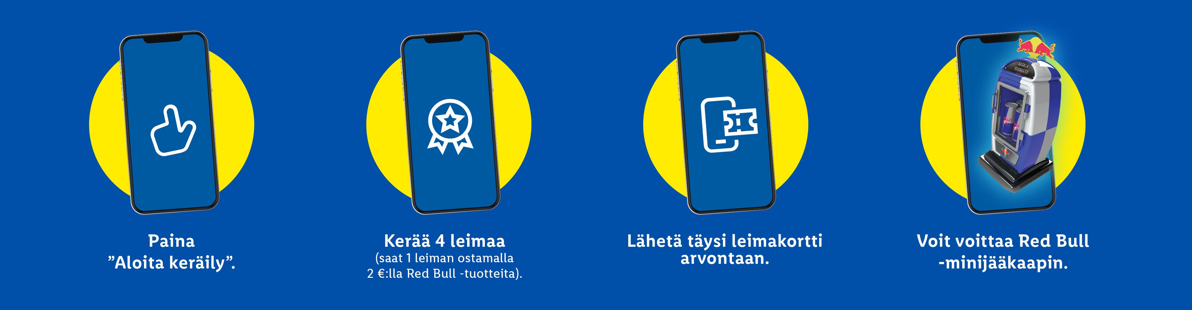 Nelivaiheinen ohjeistus mobiilisovelluksen käyttöön ja palkinnon voittamiseen.