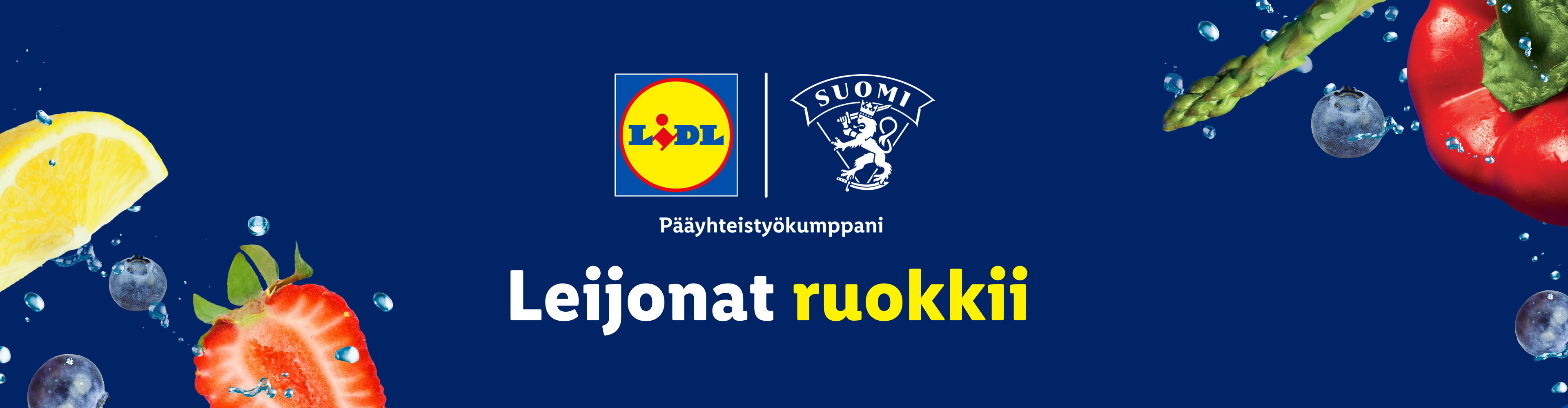 Hedelmiä ja kasviksia sinisellä pohjalla, teksti: Leijonat ruokkii.