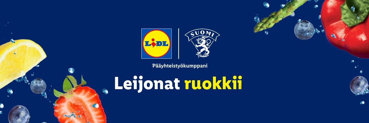 Hedelmiä ja kasviksia sinisellä pohjalla, teksti: Leijonat ruokkii.
