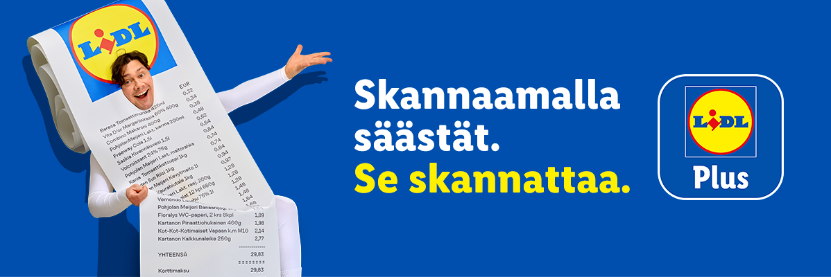 Mies, jolla on ostoslista vartalona, mainostaa Lidl Plus -sovellusta ja säästöjä.