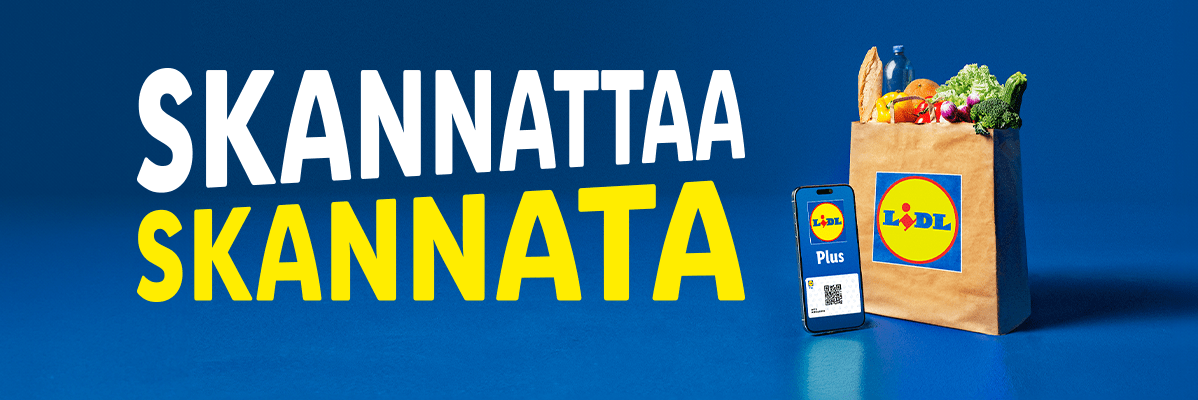 Lidl-ostoskassi täynnä ruokaa ja puhelin, jossa on Lidl Plus -sovellus, tekstillä 'SKANNATTAA SKANNATA'.