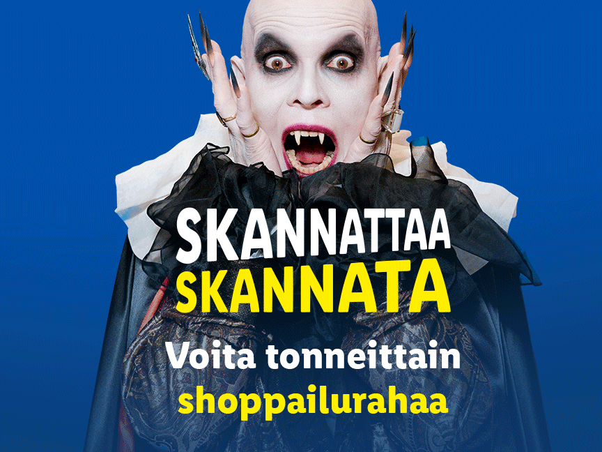 Vampyyri-asuinen henkilö mainostaa kilpailua, jossa voi voittaa ostosrahaa.