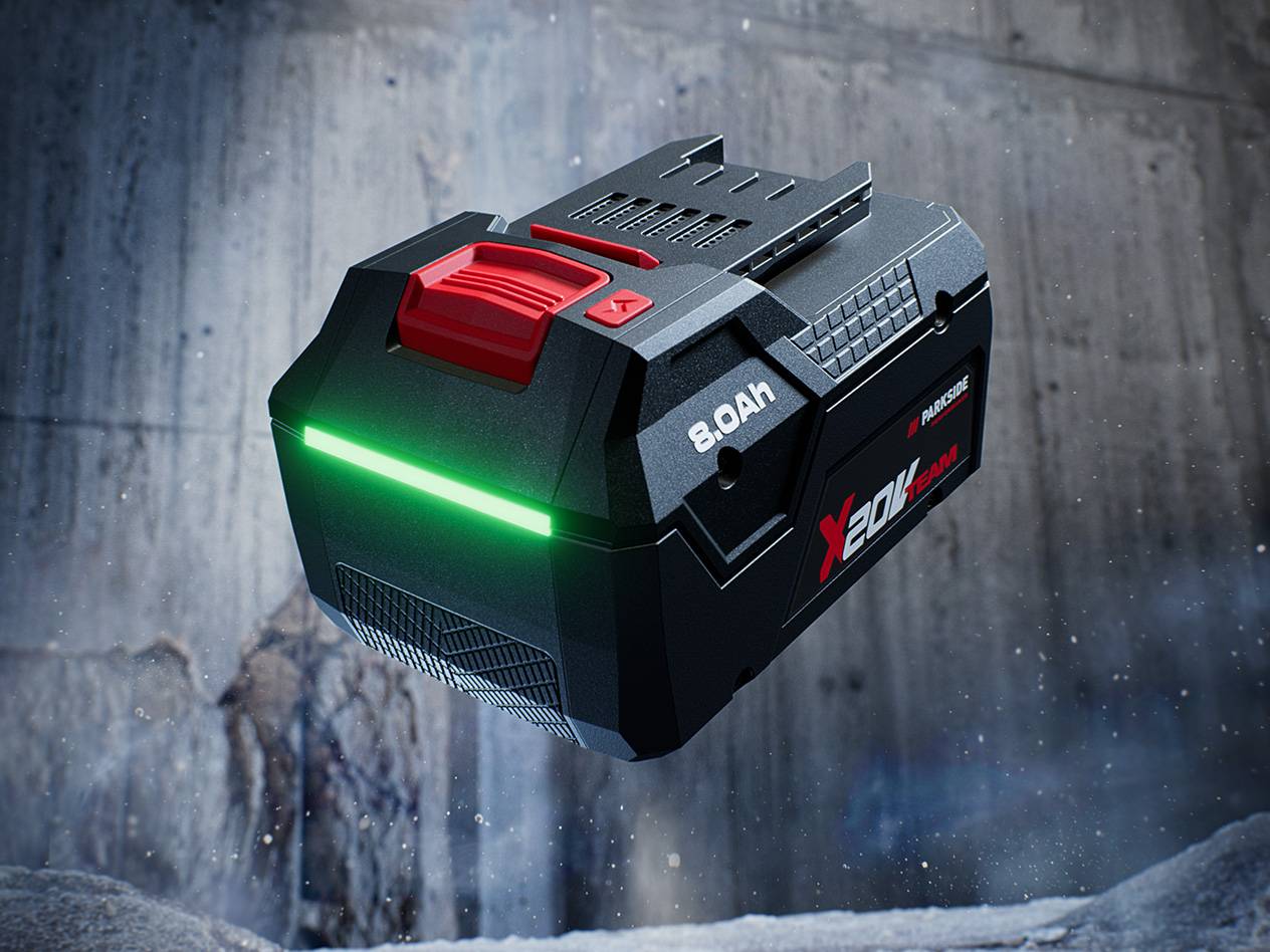 Parkside X 20V Team 8.0Ah akku kirkkaan vihreällä latausilmaisimella.