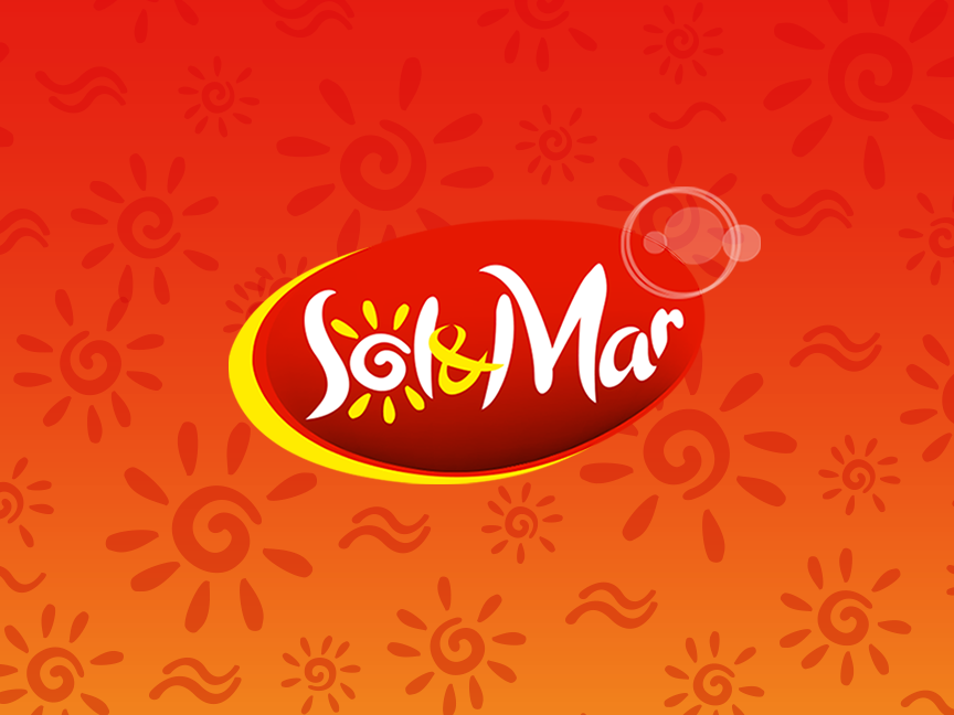 Sol y Mar -logo kirkkaan oranssilla taustalla, jossa on aurinkoja ja aaltoja.