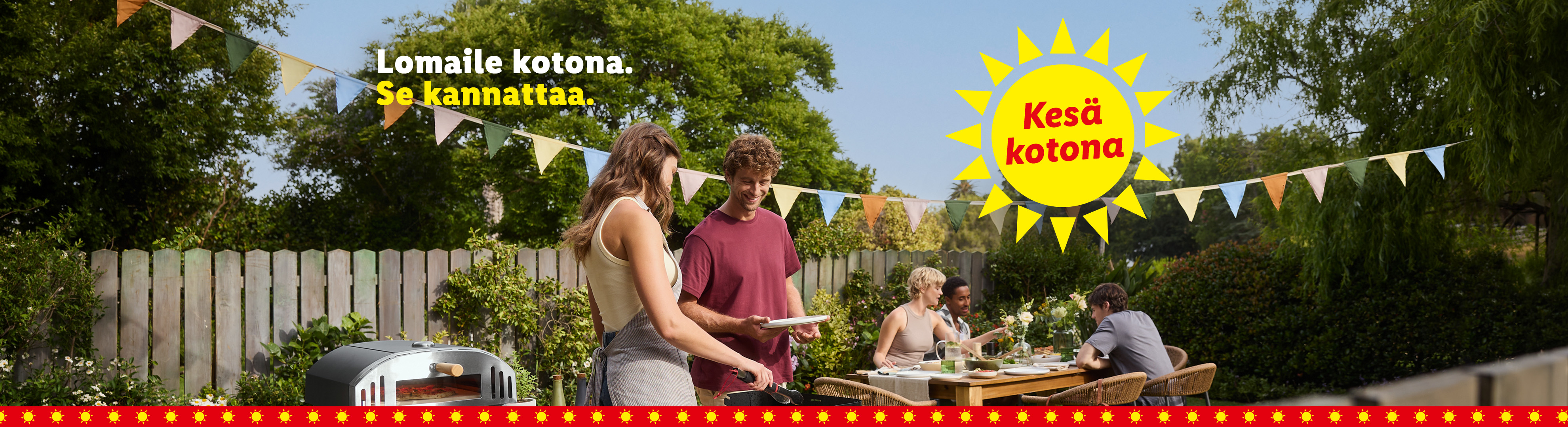 Ihmisiä grillaamassa ja syömässä ulkona, teksti: Lomaile kotona. Se kannattaa. Kesä kotona.