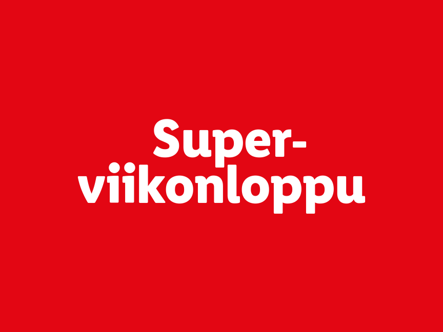 Super-viikonloppu mainos punaisella pohjalla.