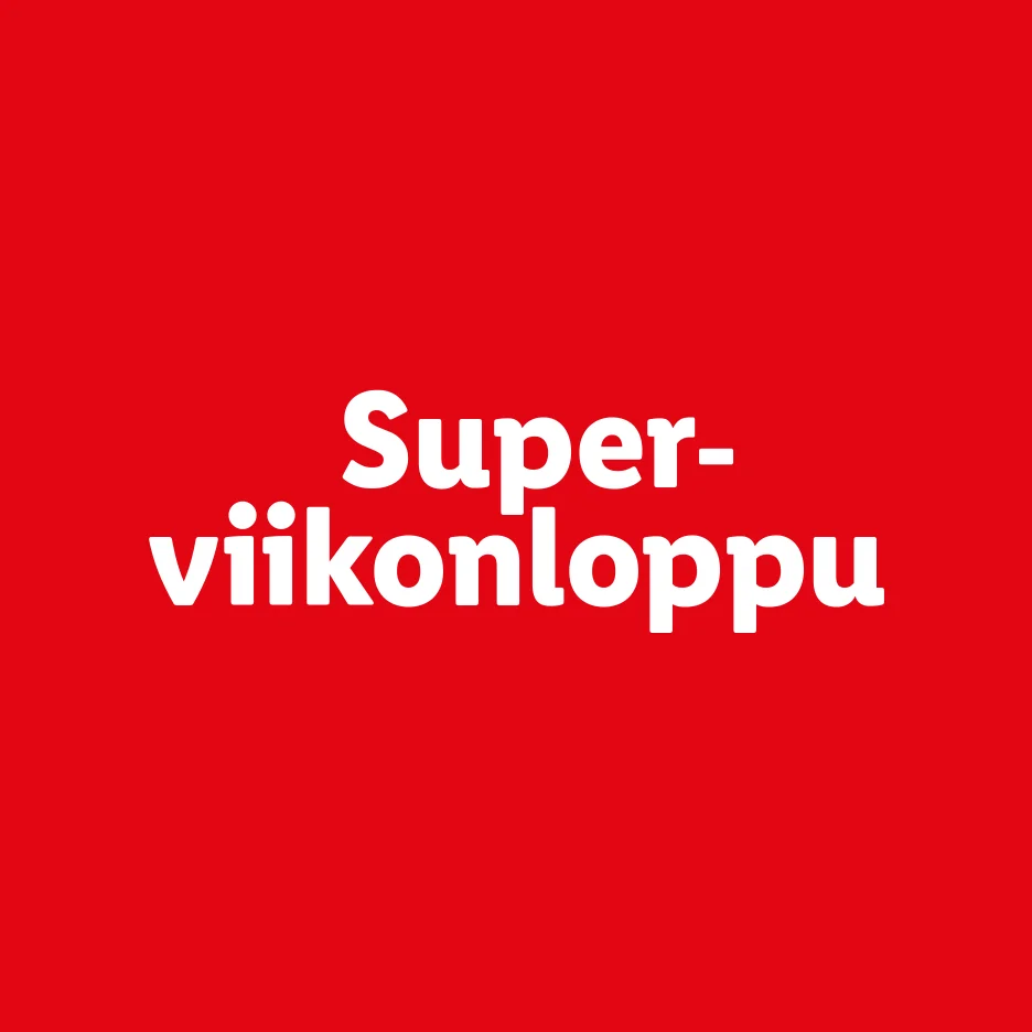 Punaisella pohjalla valkoinen teksti: Super-viikonloppu.