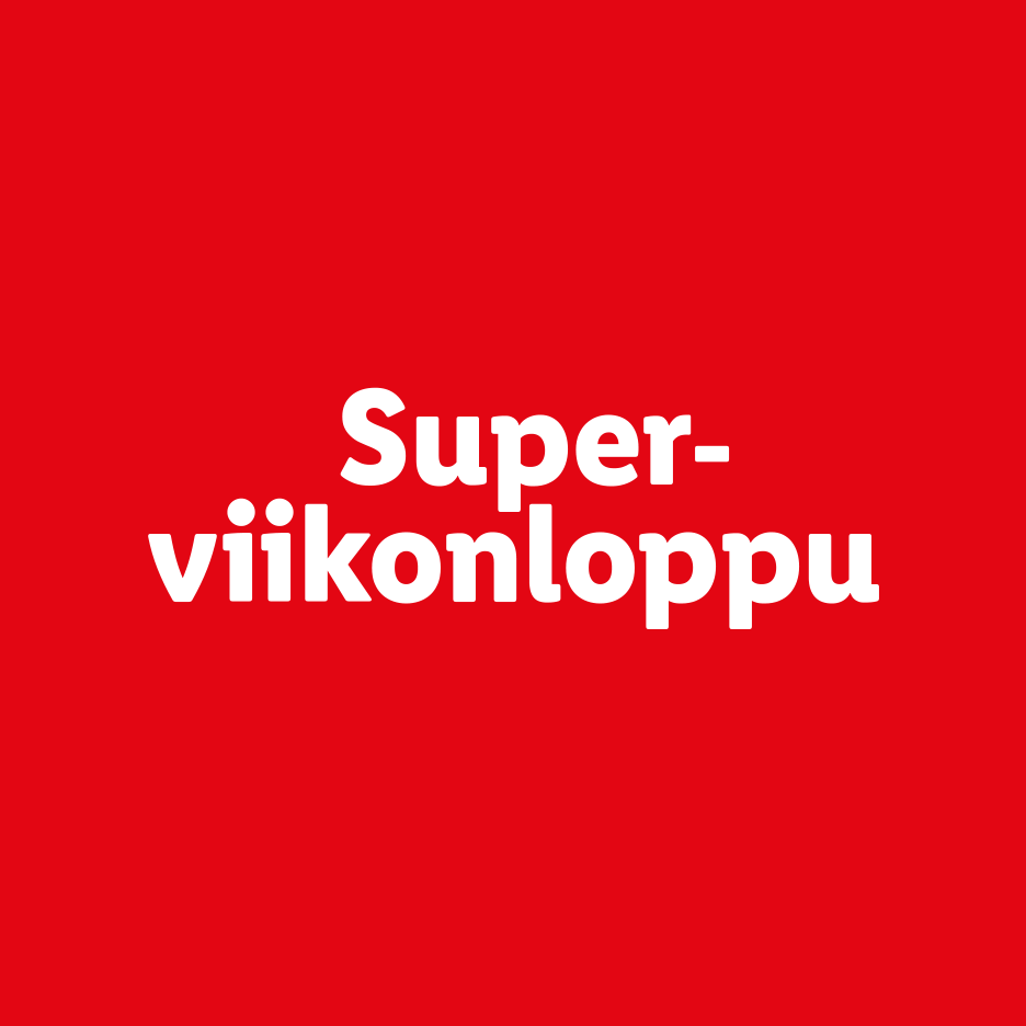 Teksti 'Super-viikonloppu' punaisella taustalla.