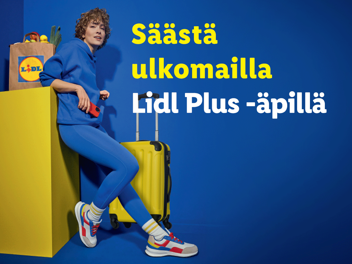 Lidl Plus -sovelluksella säästät ulkomaillakin.  Naisen matkatavarat ja Lidl-kassi.