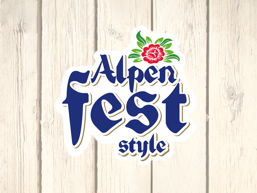 Alpen Fest -tyylinen logo valkoisella puupohjalla.