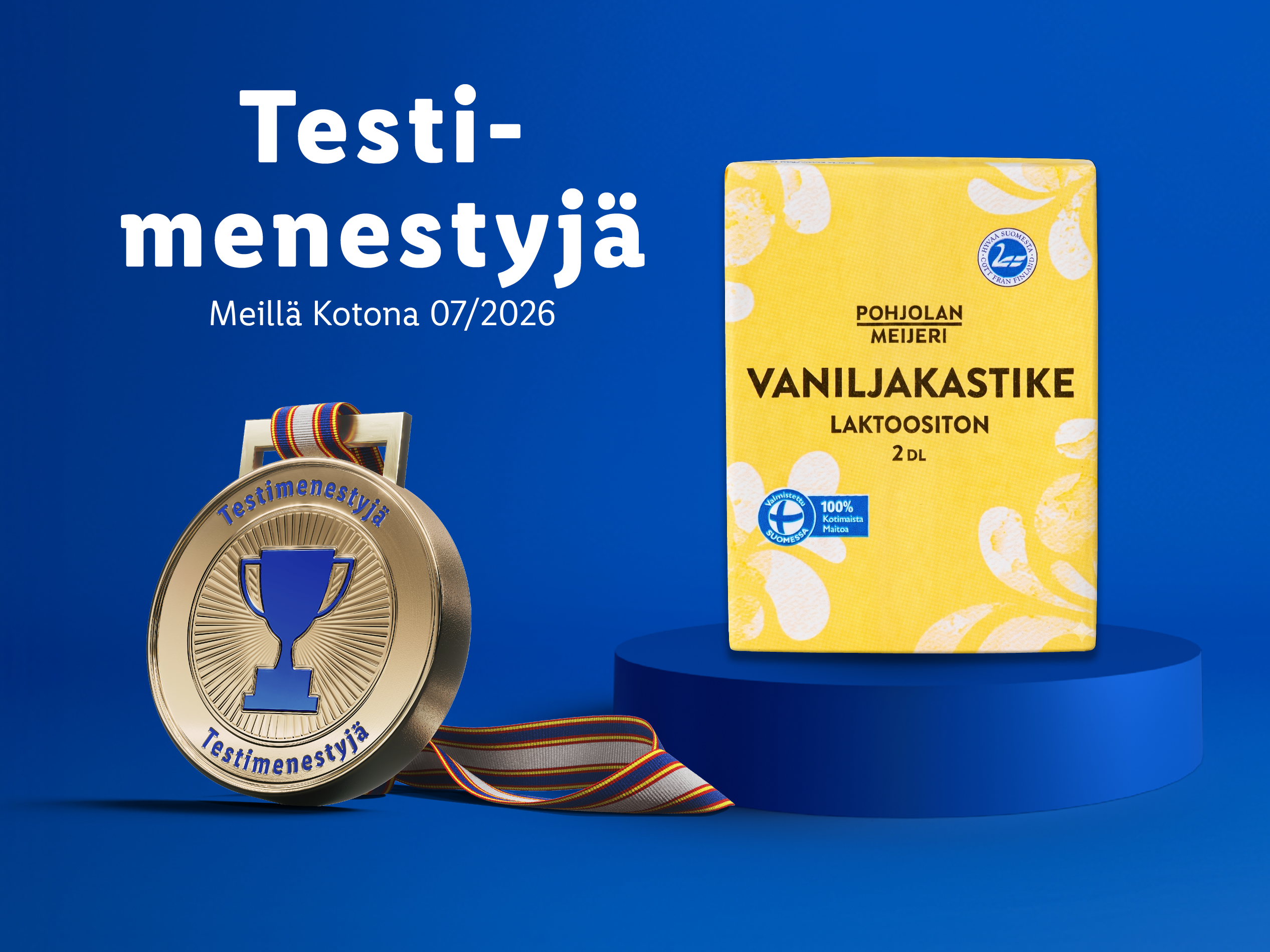 Vaniljakastikepakkaus ja kultainen mitali sinisellä taustalla, teksti 'Testimenestyjä'.