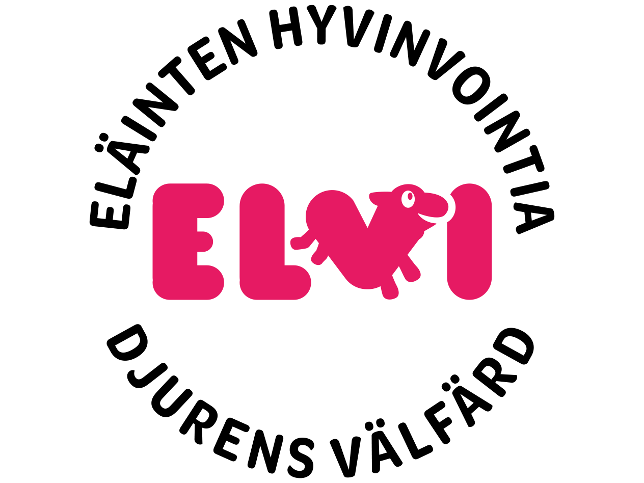 ELVI-logo, jossa on vaaleanpunainen teksti ja sarjakuvaeläin
