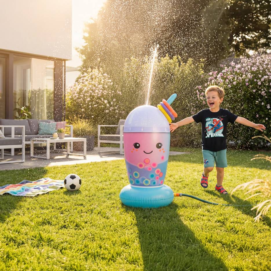 Puutarhasprinkleri juoman muotoinen, iloisen lapsen leikkiessä vedessä.