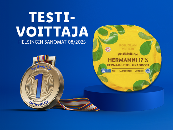 Palkittu juusto, jossa on teksti 'Testivoittaja' ja mitali.