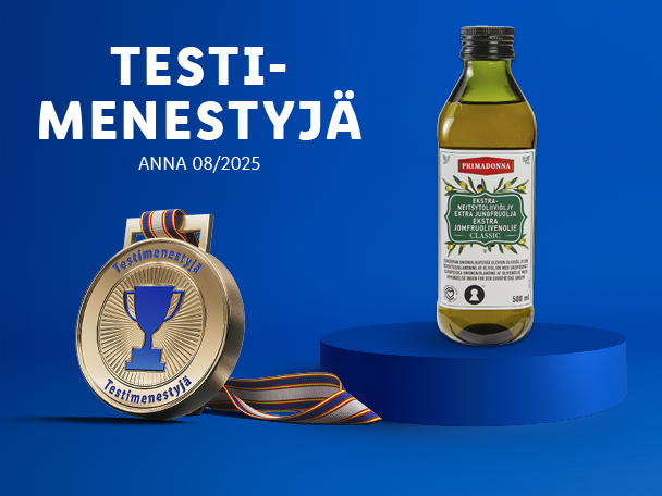 Pullo oliiviöljyä ja kultainen mitali, jossa lukee 'Testimenestyjä' sinisellä taustalla.