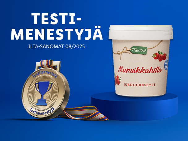 Maribel-mansikkahillo ja kultainen mitali sinisellä taustalla.