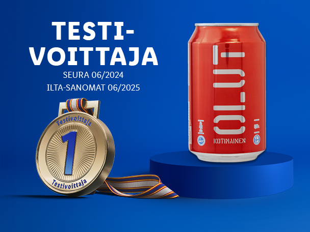 Kotimaisen oluen testivoittaja - palkinto ja juomatölkki.