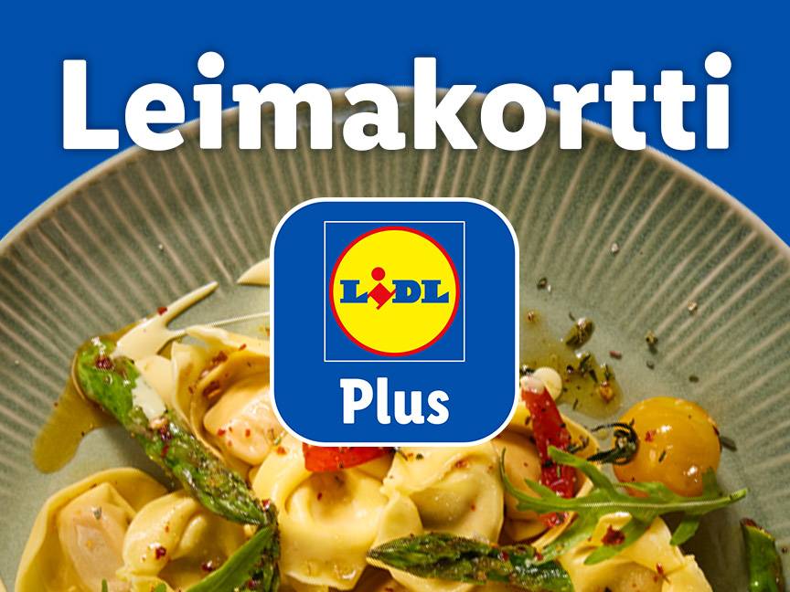 Lidl Plus -leimakortti mainos, jossa on pasta-annos ja Lidl-logo.