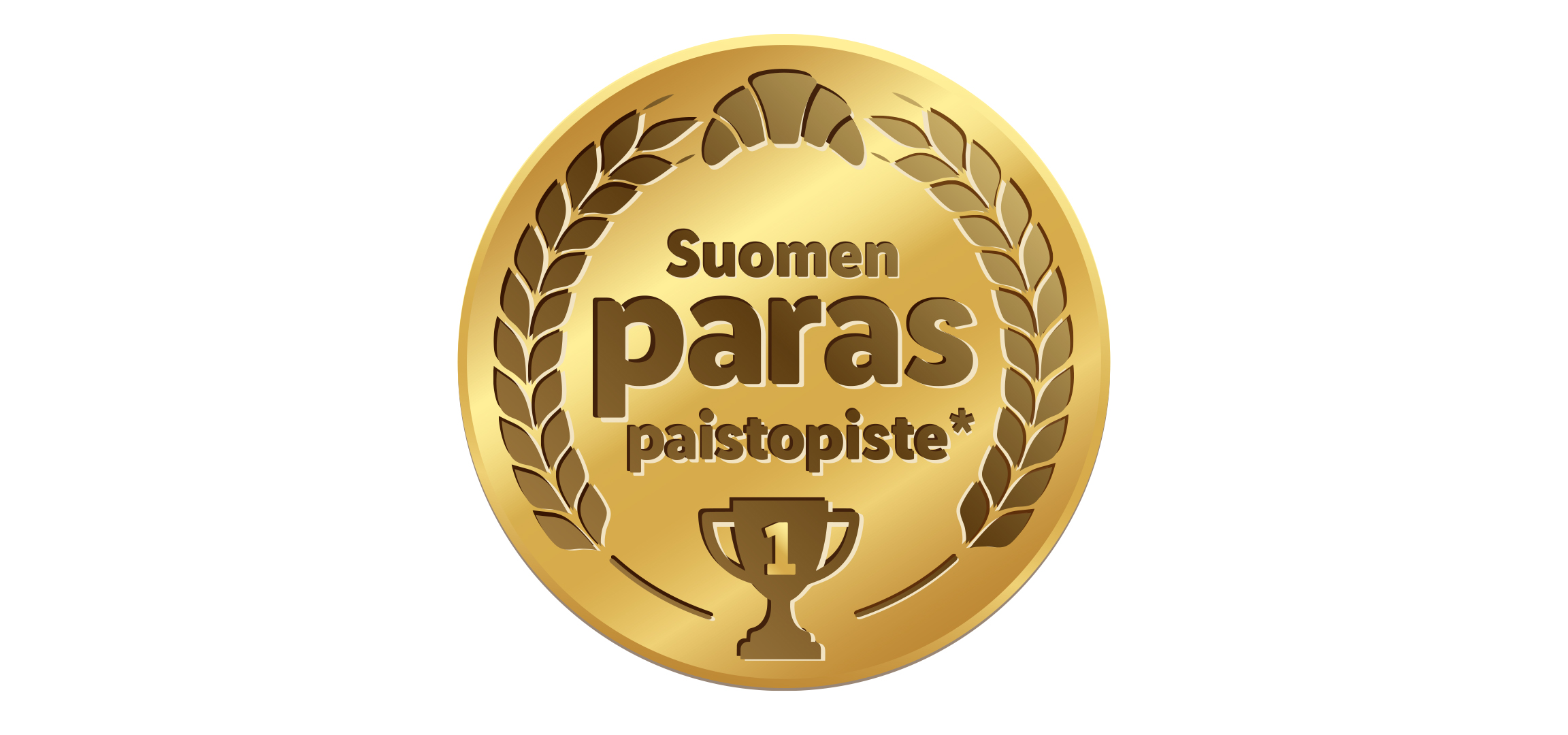 Kultainen mitali, jossa lukee 'Suomen paras paistopiste' ja kuva pokaalista.