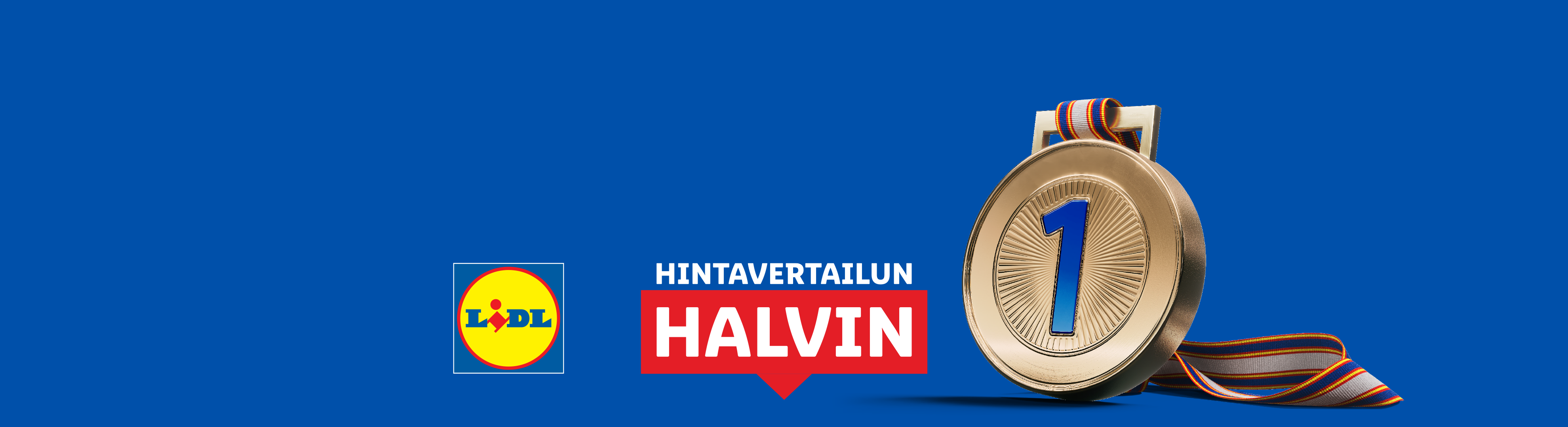 Lidlin logo ja kultainen mitali numerolla 1, teksti 'HINTAVERTAILUN HALVIN'.