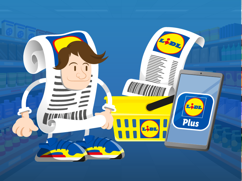 Kassakuittihahmo, ostoskori ja puhelin Lidl Plus -sovelluksella supermarketissa.