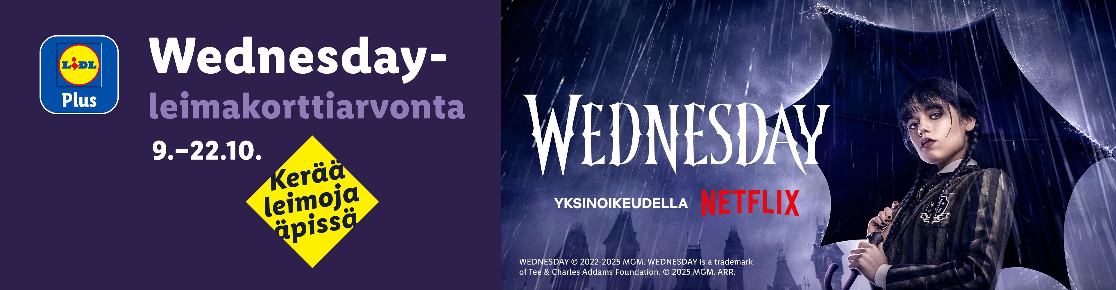 Lidl Plus -kampanja Wednesday-teemalla, jossa Wednesday Addams pitää sateenvarjoa sateessa.