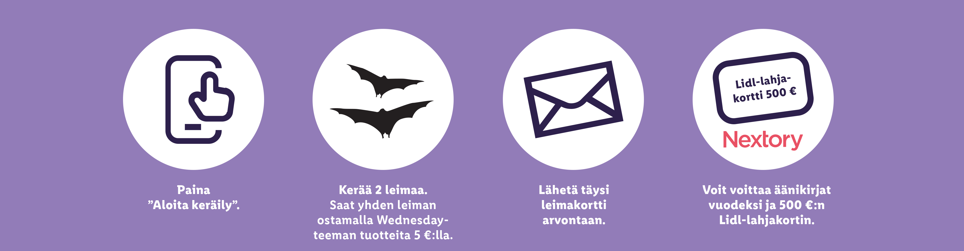 Nelivaiheinen ohjeistus leimojen keräämiseen ja palkintojen voittamiseen, sisältäen 500 euron lahjakortin ja Nextory-äänikirjoja.