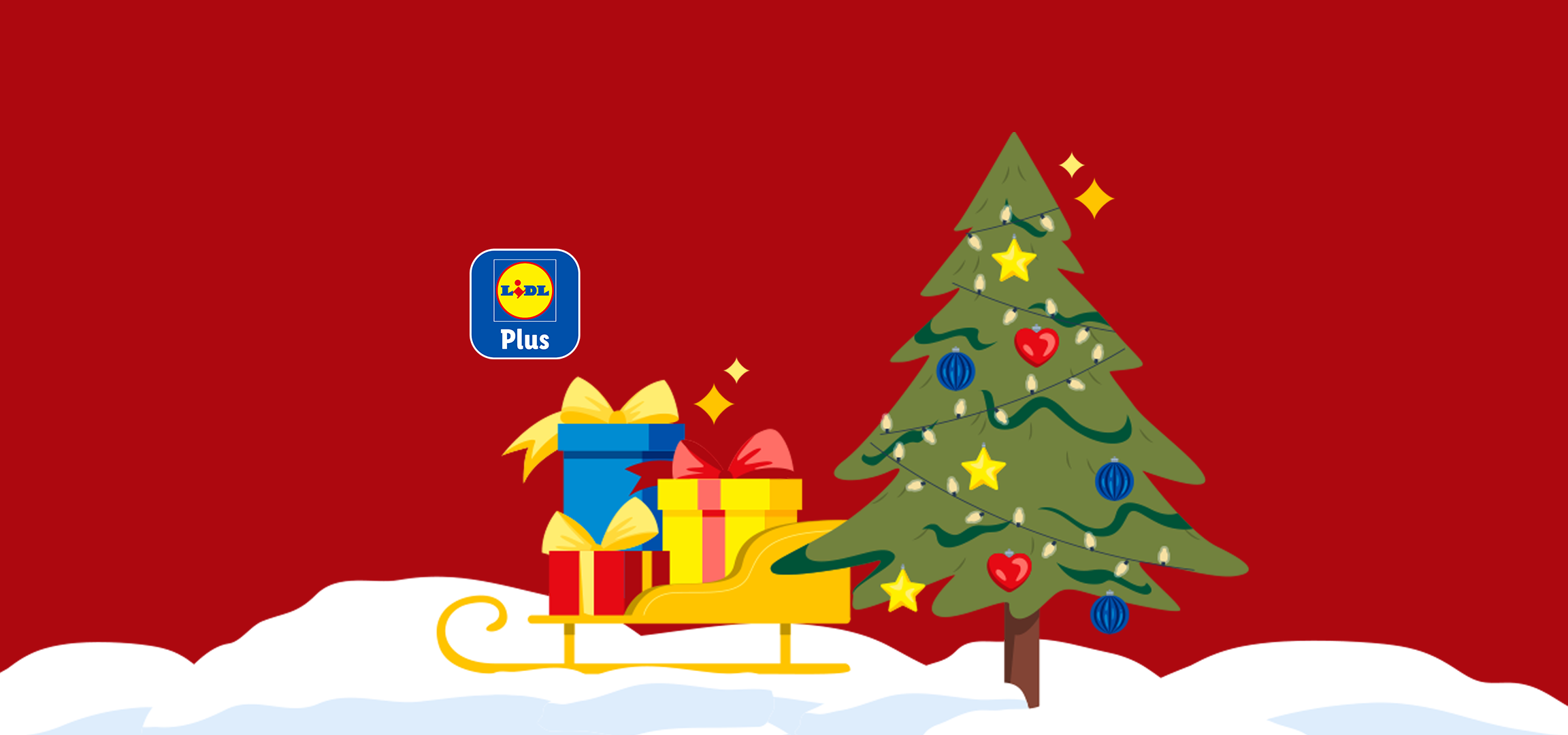 Lidl Plus -logo, joulukuusi ja lahjoja kelkassa punaisella taustalla.
