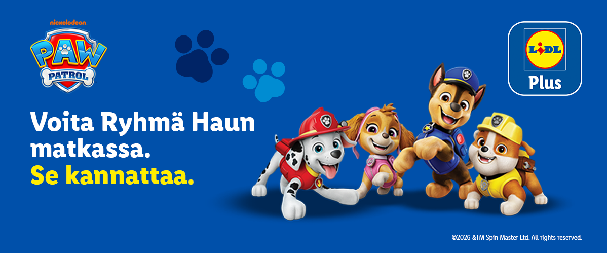 Ryhmä Haun hahmot mainostavat kilpailua Lidl Plus -sovelluksessa.