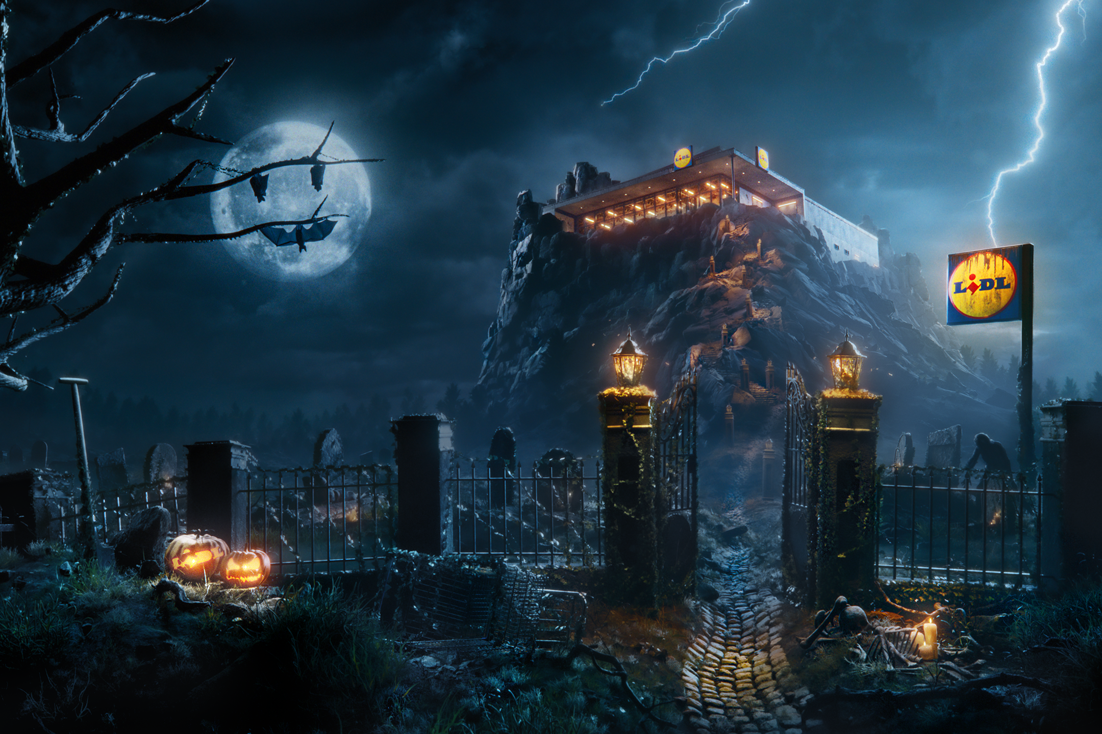 Kukkulalla sijaitseva valaistu ruokakauppa synkässä Halloween-teemaisessa maisemassa.