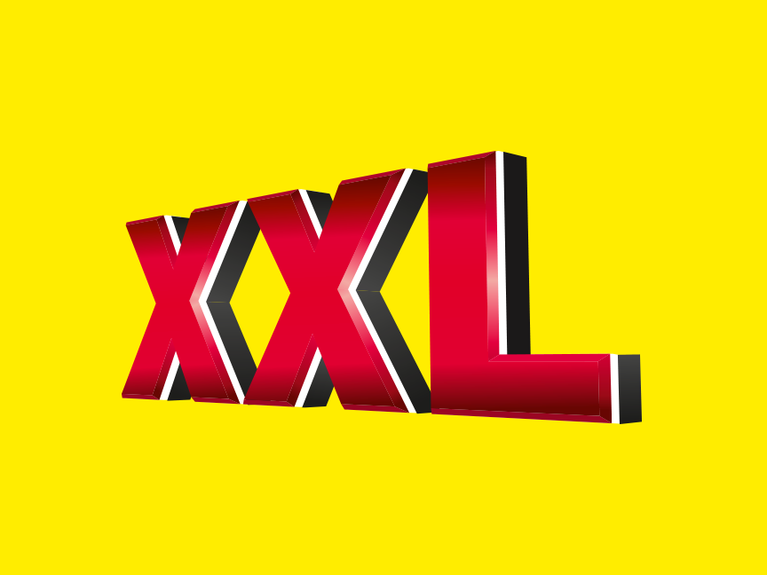 XXL-kokoinen teksti, punainen ja musta, keltaisella taustalla.
