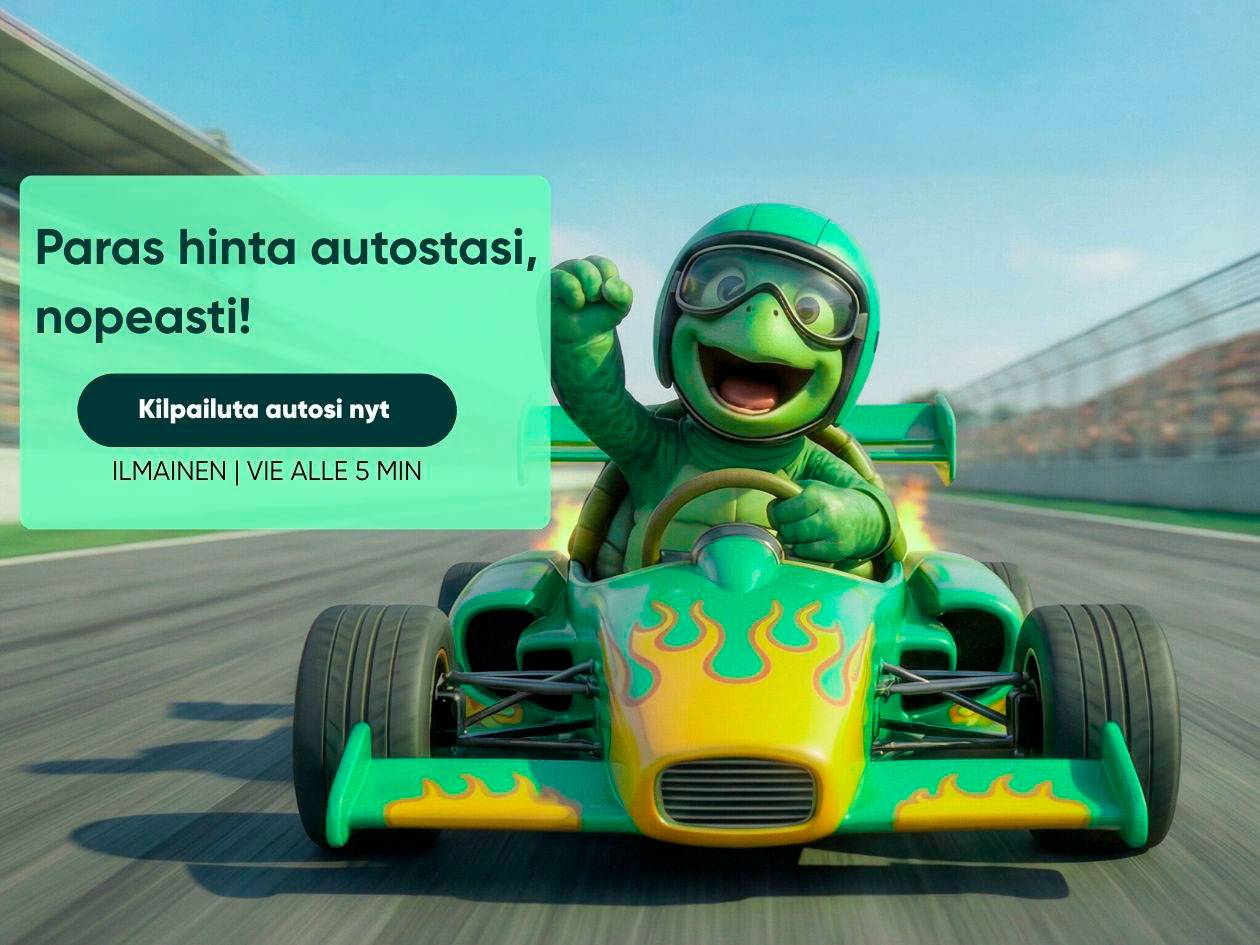 Kilpikonna-kuski kilpa-autossa, teksti: 'Paras hinta autostasi, nopeasti! Kilpailuta autosi nyt. ILMAINEN | VIE ALLE 5 MIN'