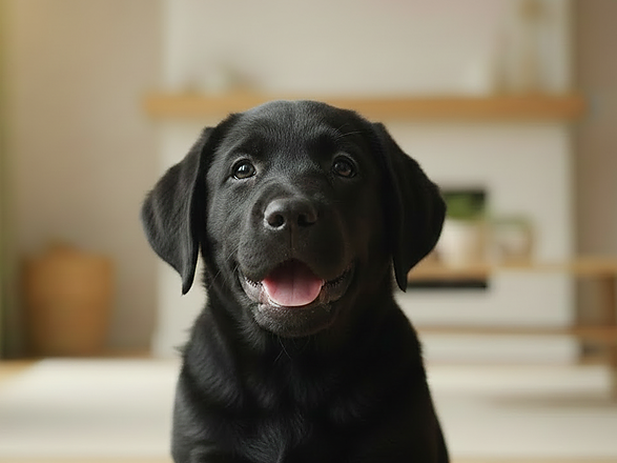 Musta labradorinnoutajan pentu hymyilee iloisesti sisätiloissa.