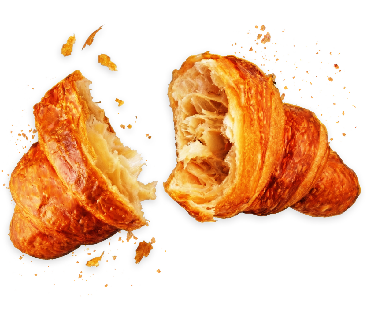 Kaksi puoliksi revittyä croissantia, joiden sisus näkyy, ja murusia leijailee mustalla taustalla.