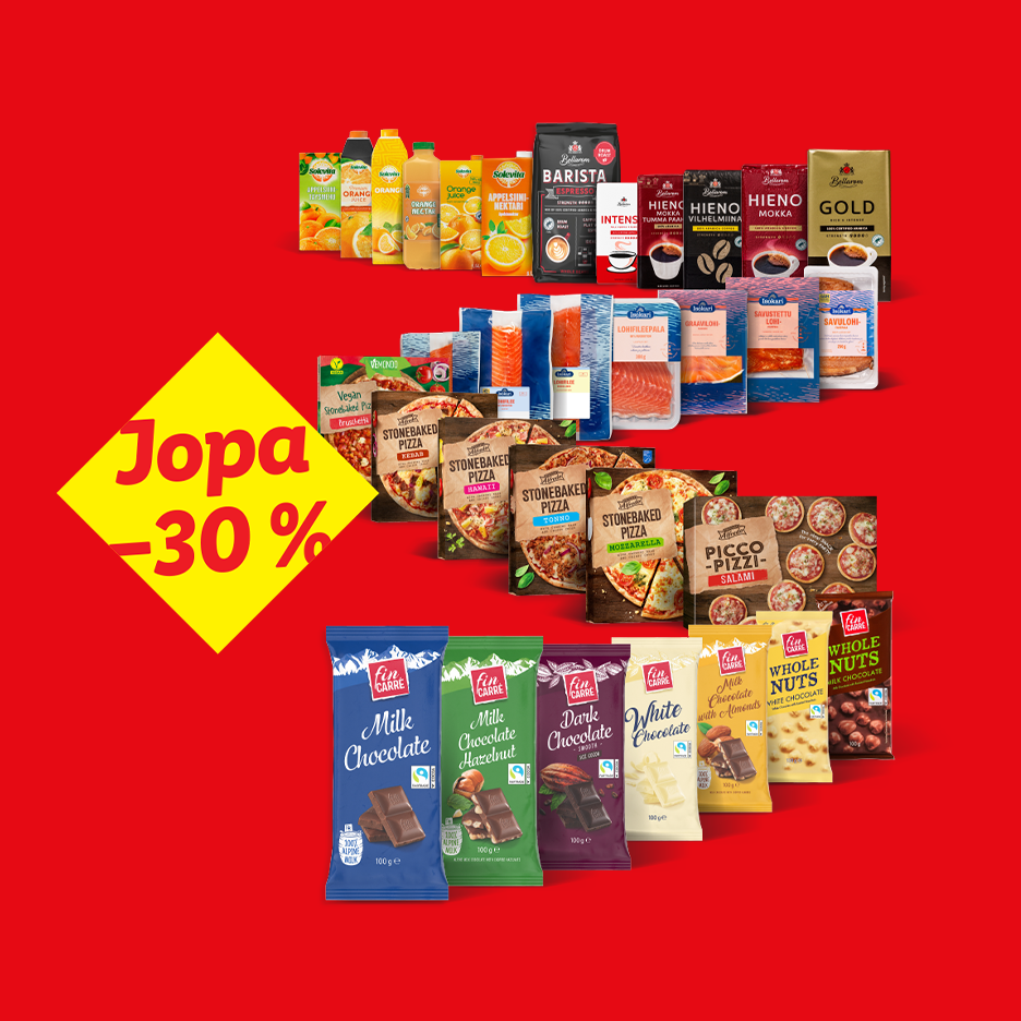 Valikoima elintarvikkeita, kuten suklaata, pizzoja, kalaa, kahvia ja mehuja, 30 % alennuksella.
