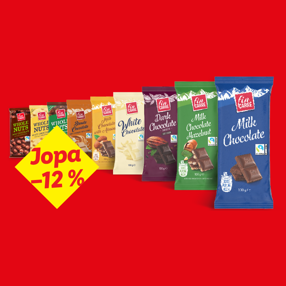 Valikoima suklaalevyjä, kuten maitosuklaata, valkosuklaata ja pähkinäsuklaata, alennuksessa -12%.