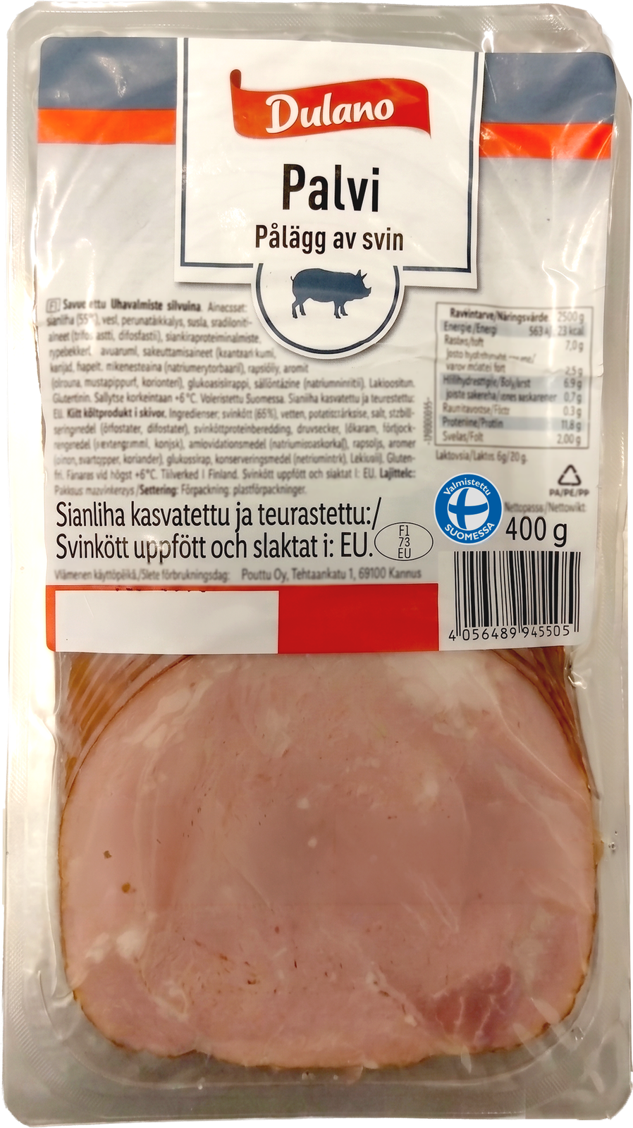 Pakattu sianlihaleike, jossa on suomalainen alkuperämerkintä ja ravintoarvotiedot.