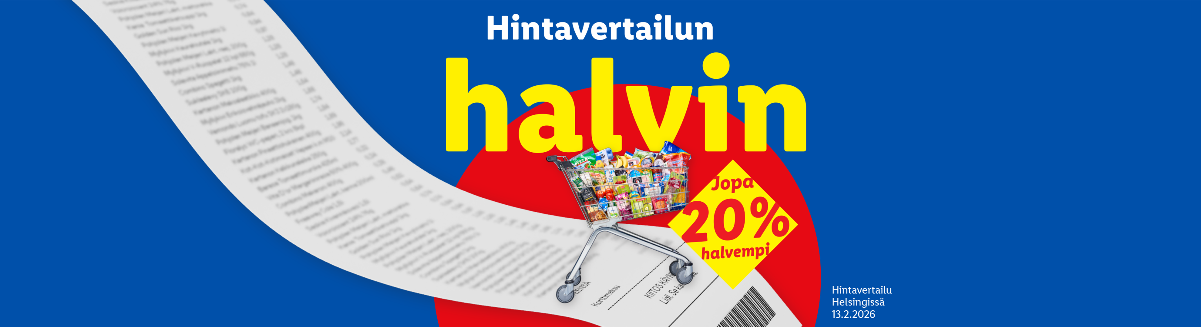 Ostoslista ja ostoskärry täynnä elintarvikkeita, teksti ja teksti "Hintavertailun halvin - jopa 20% halvempi"