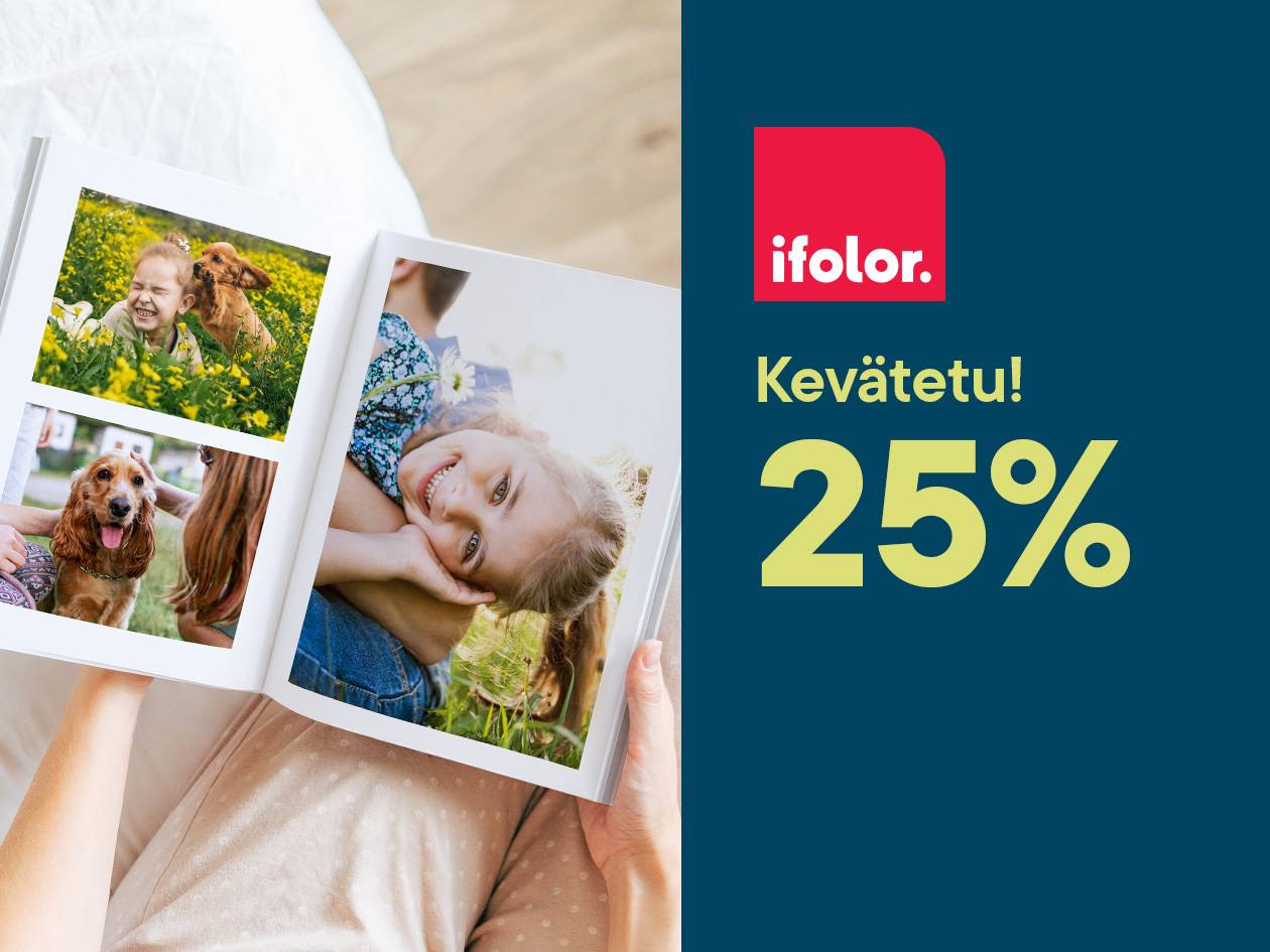 Avoin valokuvakirja, jossa on kuvia lapsista ja koirista, sekä 25 % alennusmainos.