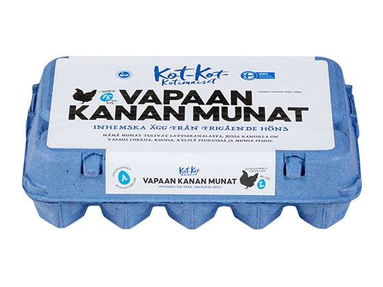 Sininen munakenno, jossa on tekstiä vapaan kanan munista.