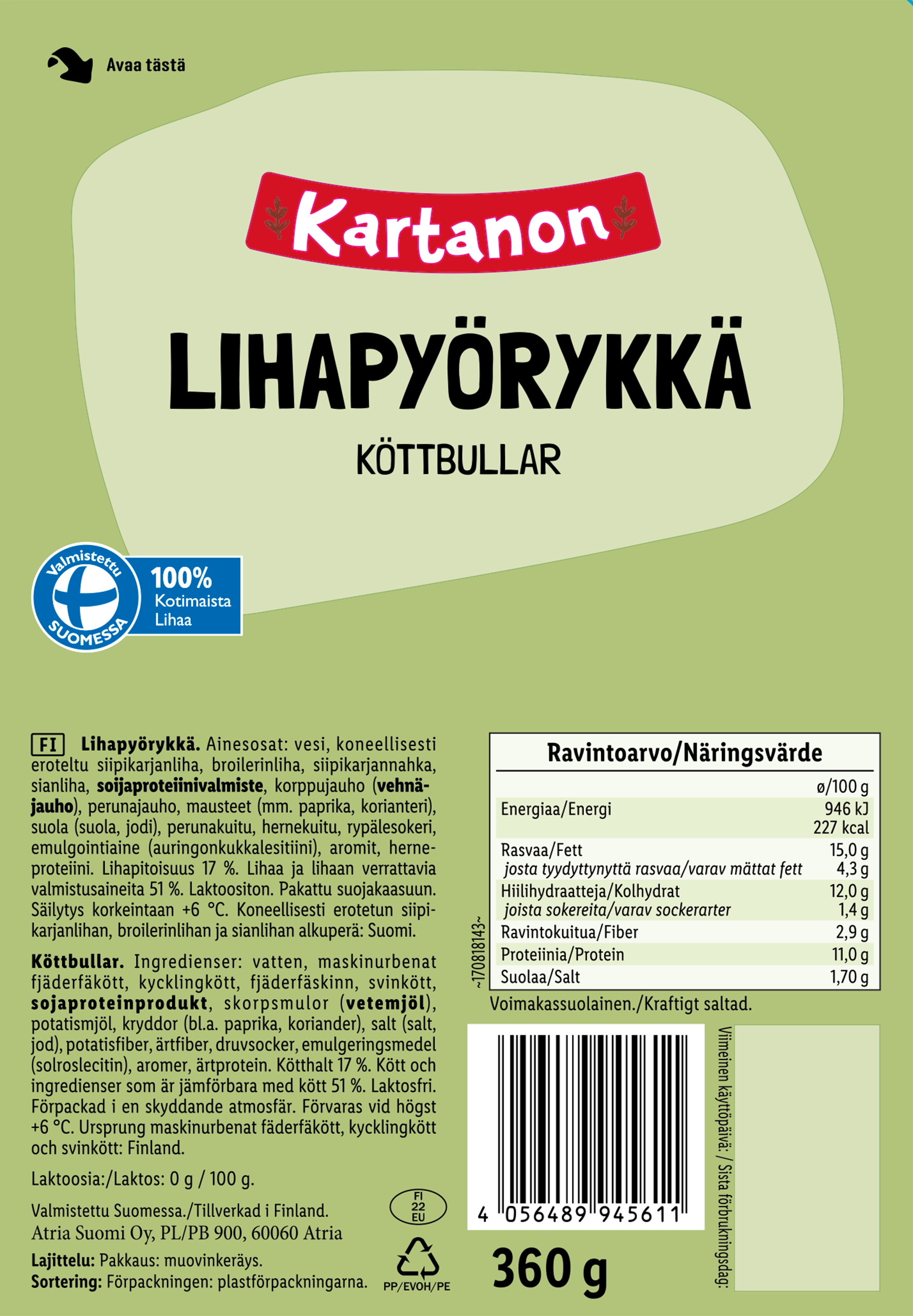 Kartanon lihapyörykät (360g), suomalaista lihaa.