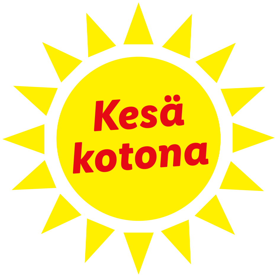 Keltainen aurinko, jossa lukee punaisella tekstillä 'Kesä kotona'.