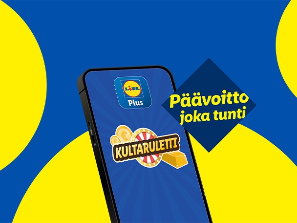 Älypuhelin, jossa on sovellus ja teksti 'Päävoitto joka tunti' sinisellä ja keltaisella taustalla.