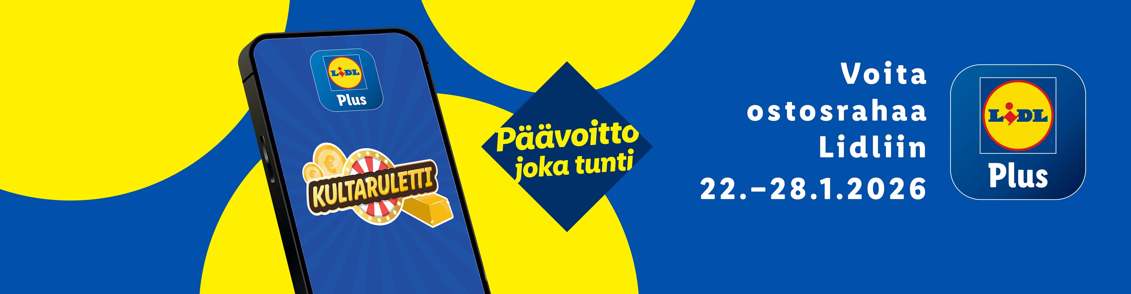 Lidl Plus -sovellus mainostaa Kultaruletti-peliä, josta voi voittaa ostosrahaa 22.-28.1.2026.