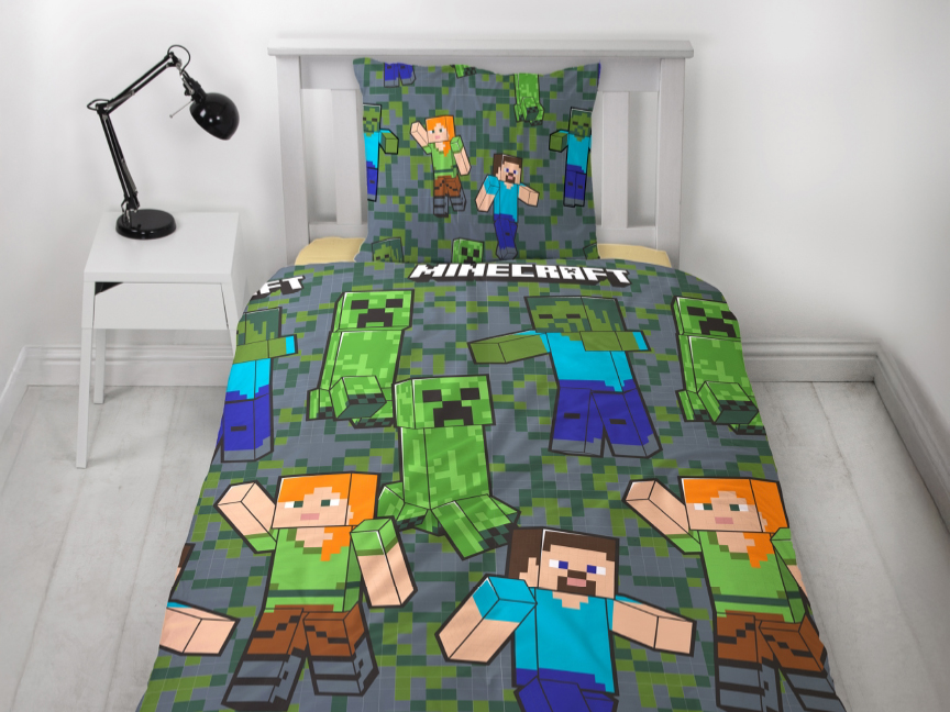 Minecraft-peittosetti, jossa on vihreitä ja harmaita pikseleitä ja hahmoja.