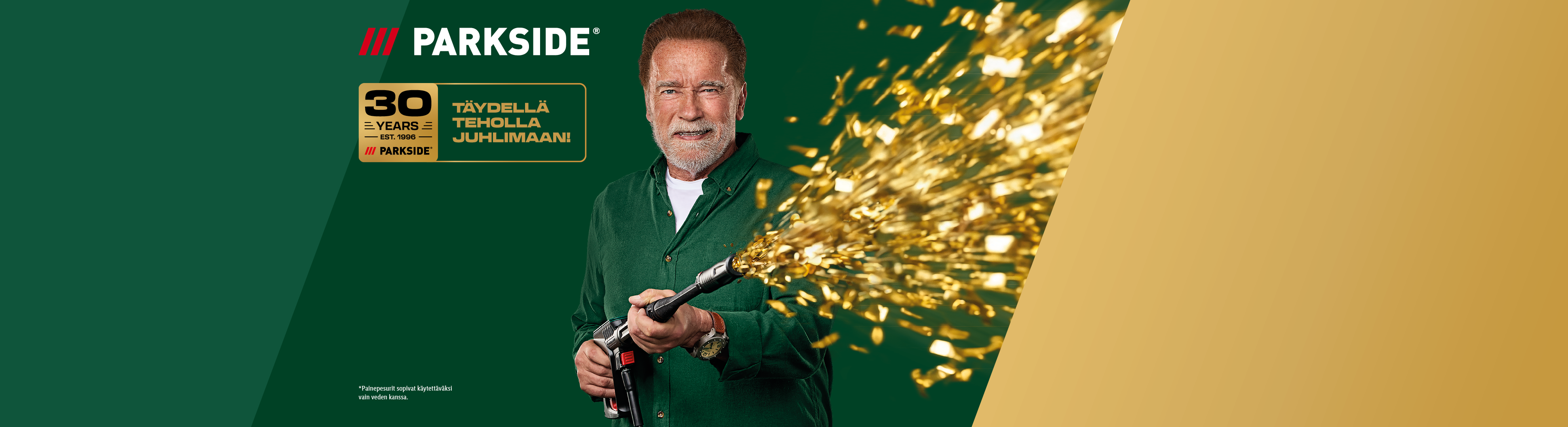 Arnold Schwarzenegger juhlii PARKSIDEn 30 vuotta painepesurin kanssa, josta suihkuaa kultakonfettia.