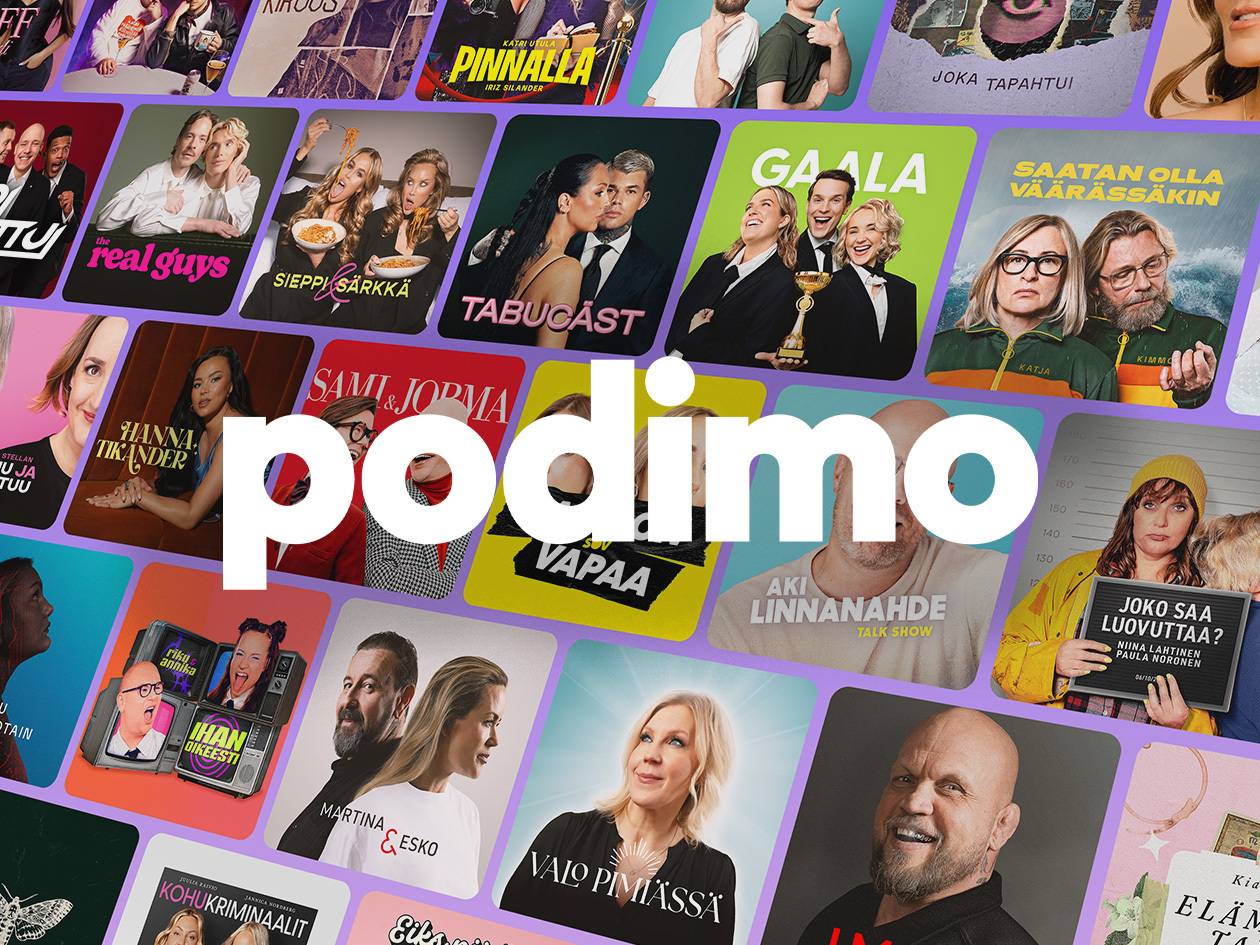Kokoelma podcast- ja äänikirjakansia, joissa on erilaisia ihmisiä ja teemoja.