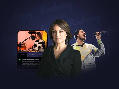 Nainen ja laulava mies, taustalla puhelinsovellus musiikkioppitunnilla.